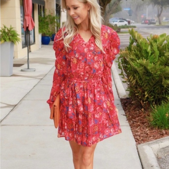 Floral Flying Tomato Dress Ruffled Puffy Shoulder Feminine Cocktail Size M - Picture 2 of 8